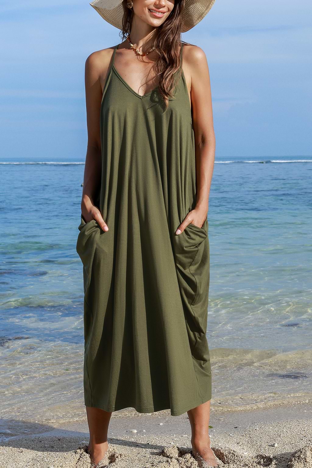 Olive Sleeveless V-Neck Loose Fit Maxi Dress
