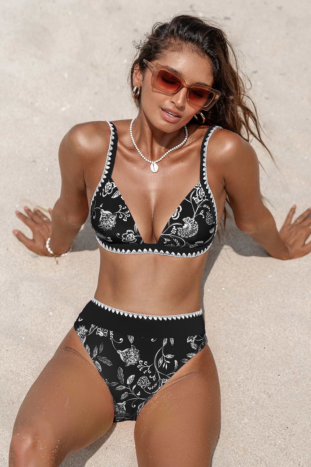 Monochrome Magic Vine V-Neck Bikini Top & Moderate Bottoms Set