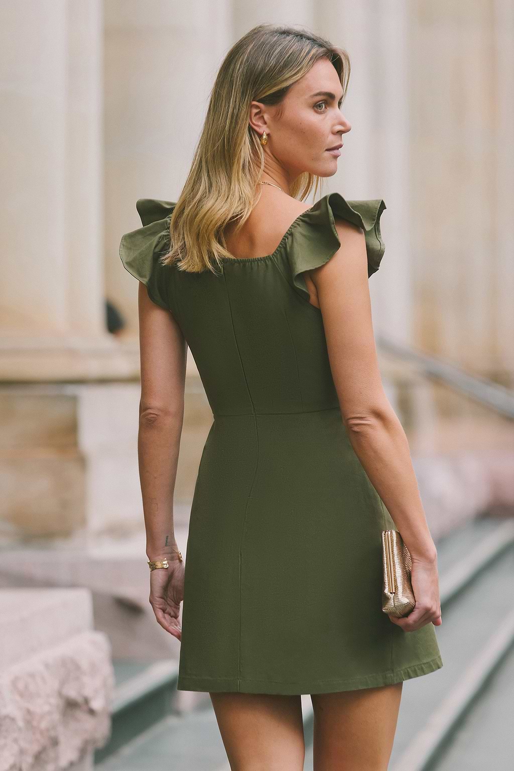 Army Green Flutter Sleeve Sweetheart Mini Dress