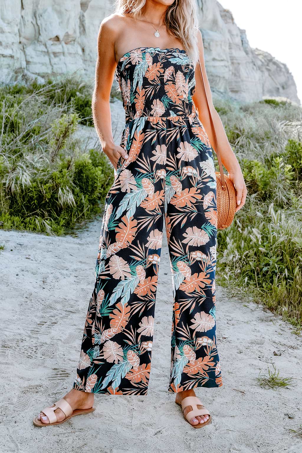 Tropical Leaf Print Ruffled Jumpsuit