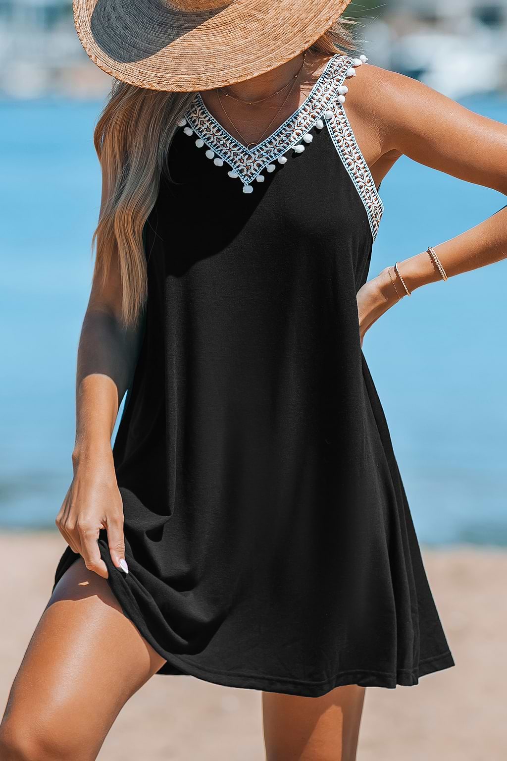 Black Sleeveless Pom-Pom Jersey Mini Dress