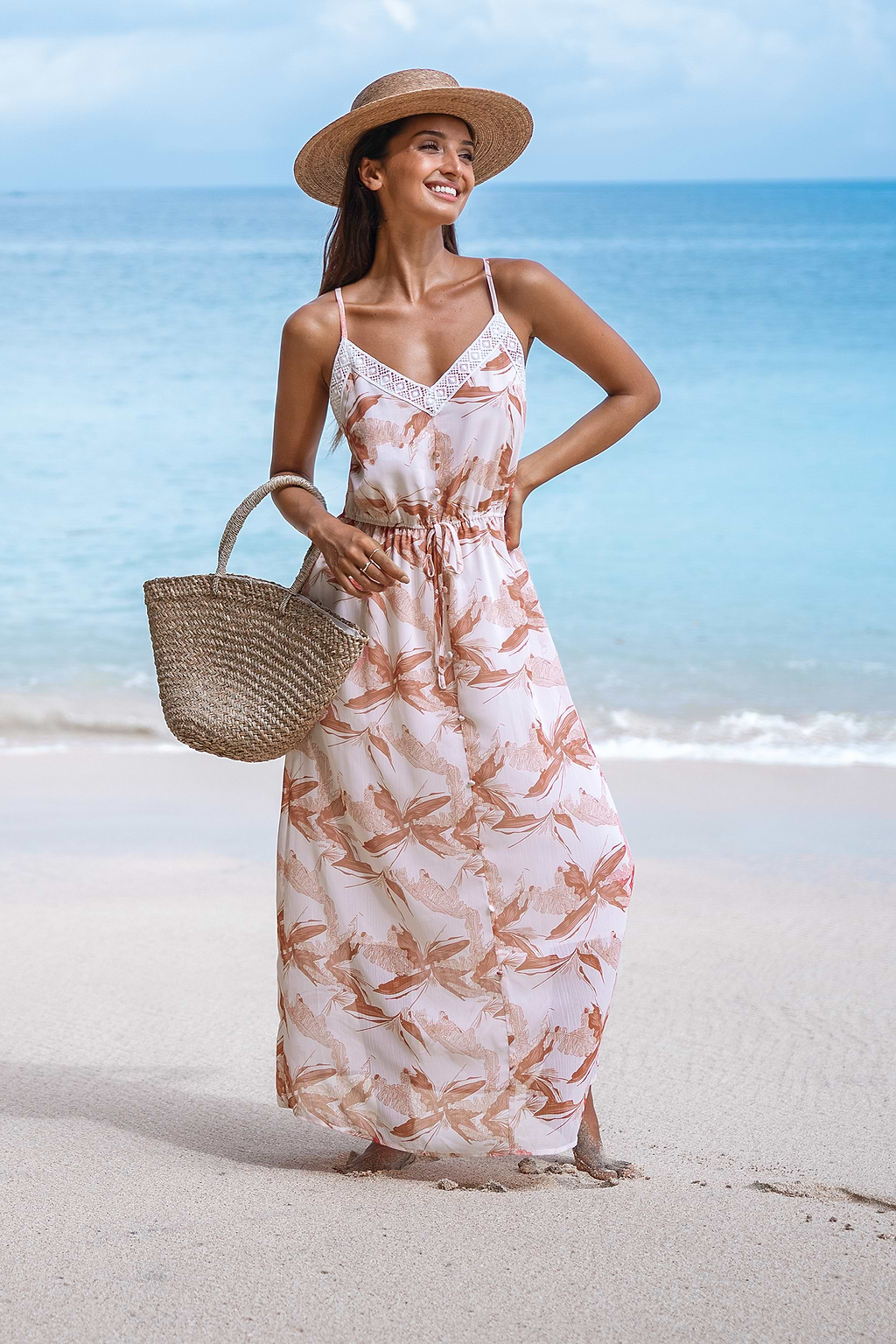 Tropical Print Tie Waist Maxi Dress