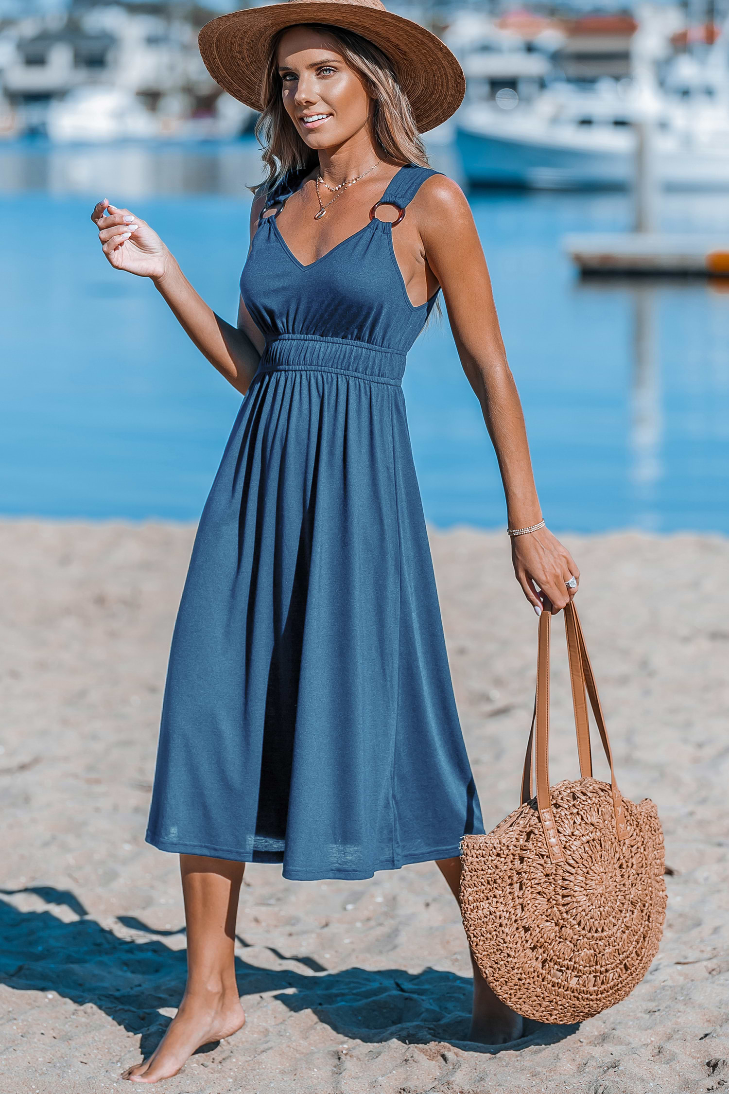Ruched O-Ring Midi Dress