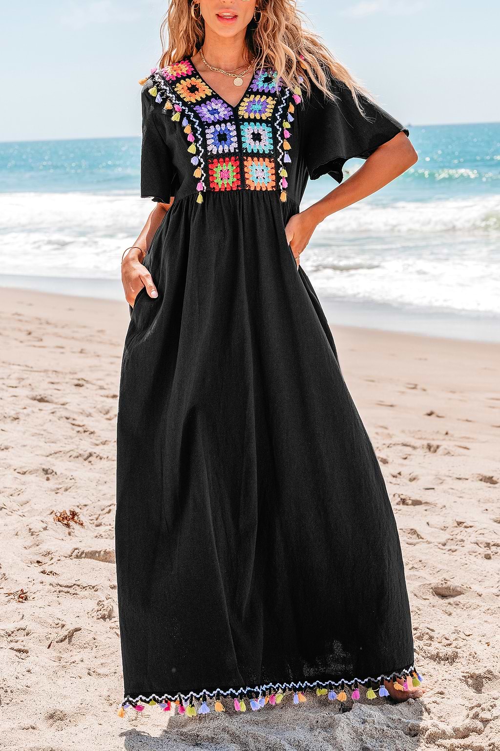 Vestido largo de crochet con cuadrados de abuelita