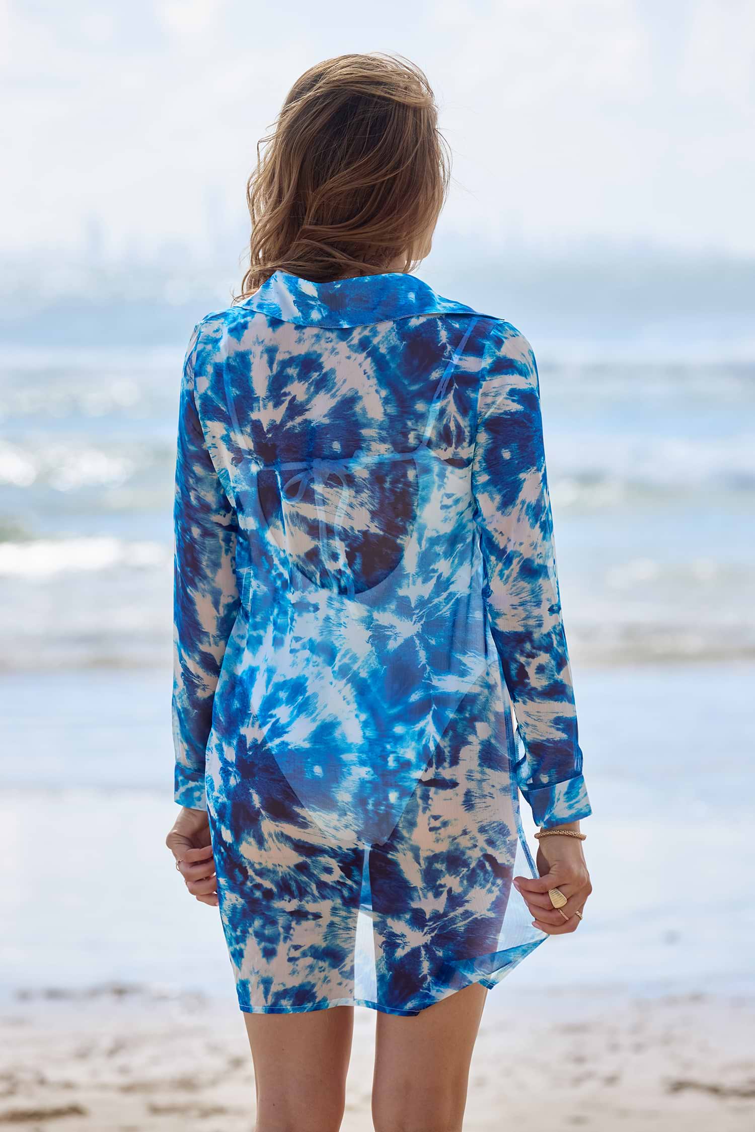 Blue Tie Dye Collared Front Button Convertible Cover-Up