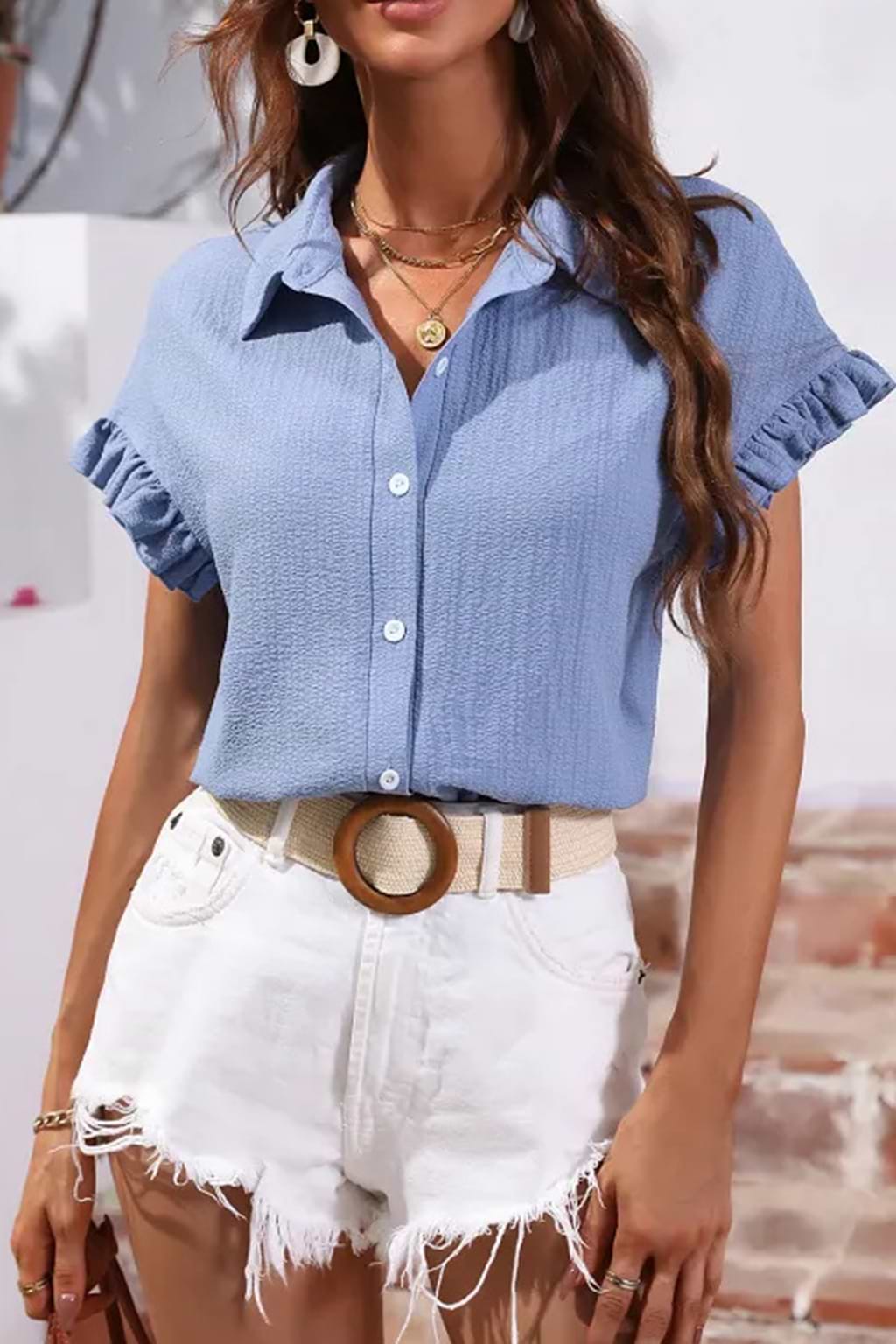 Blue Ruffle Cuff Blouse