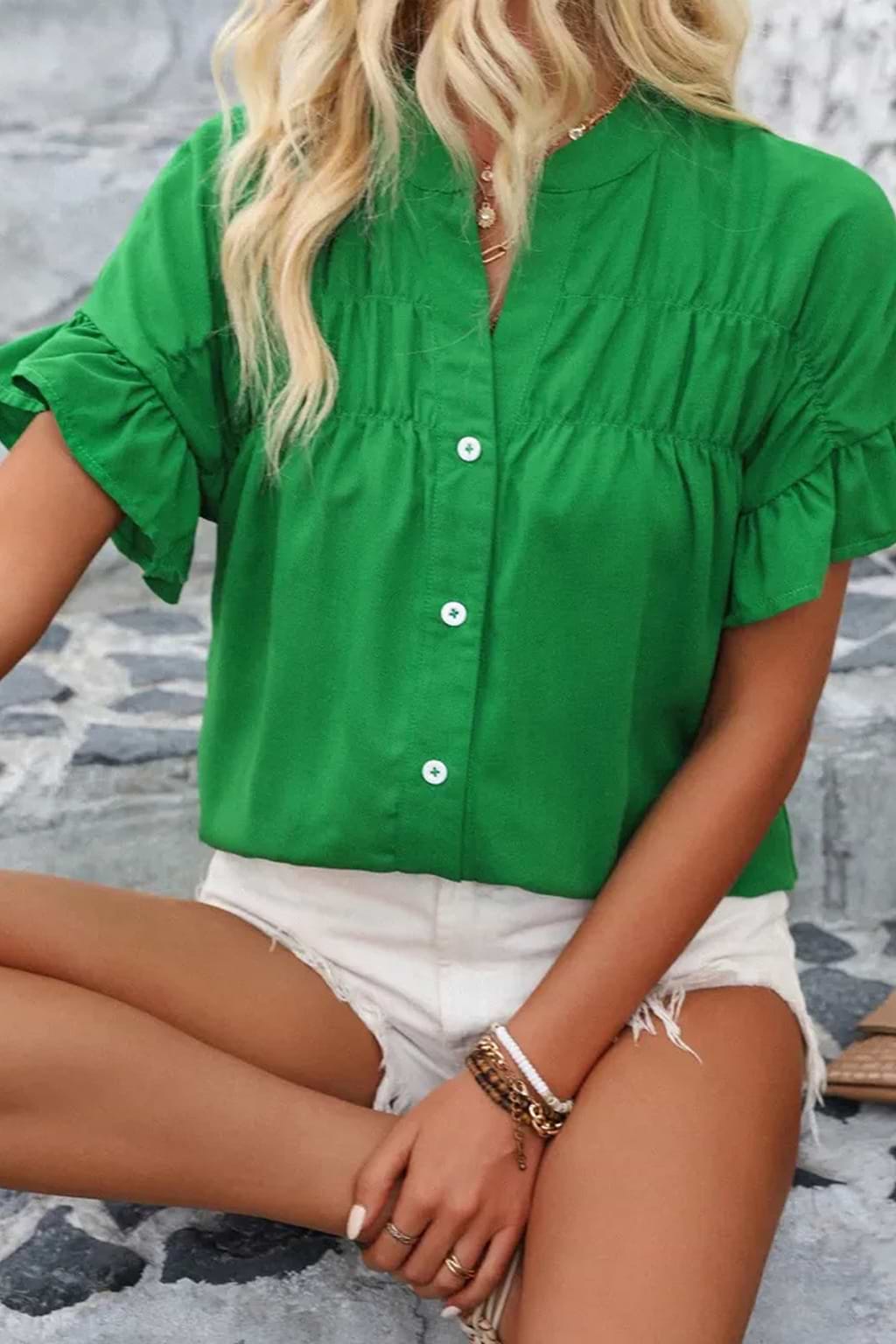 Green Bubble Sleeve Button-Up Top