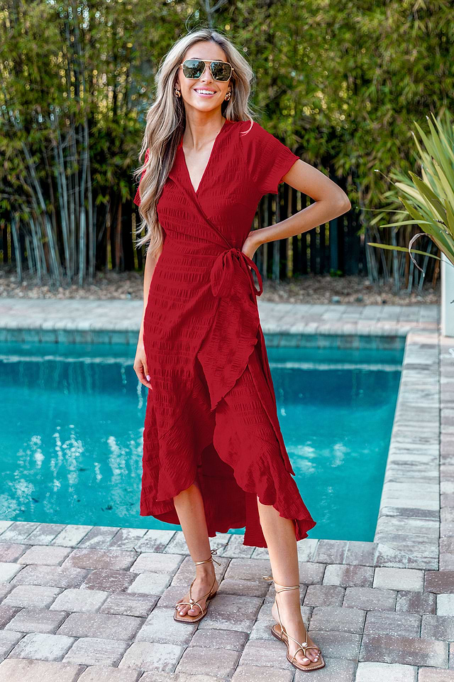 Burgundy Self-Tie Wrap Dress