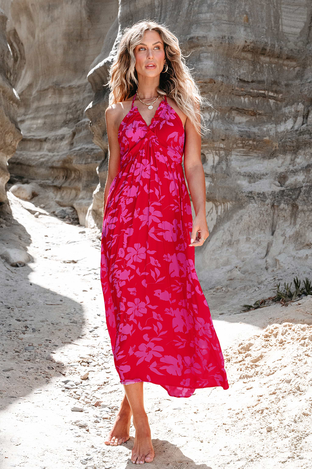Robe maxi à col licou et imprimé floral