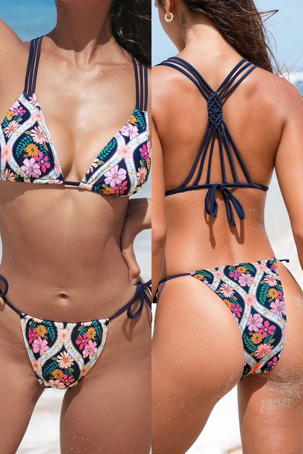 Ethnic Flower Strappy Bikini Top & Side Tie Bottoms Set