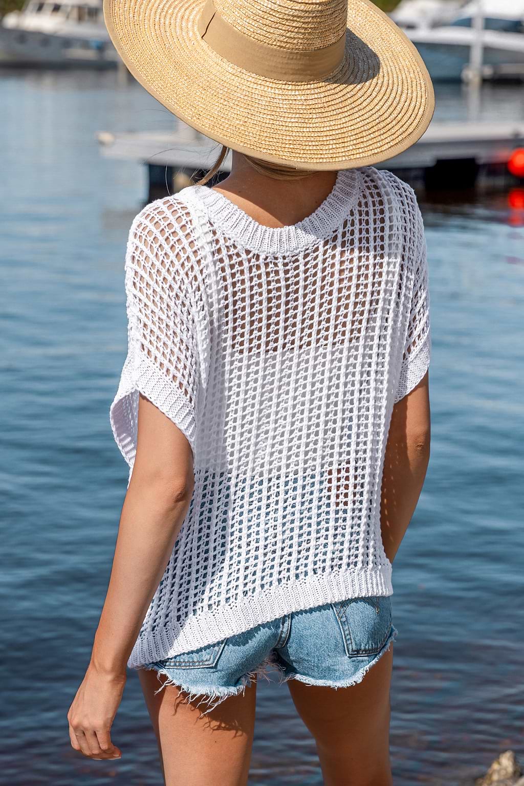 White Round Neck Short Sleeve Open Knit Cover-Up Top