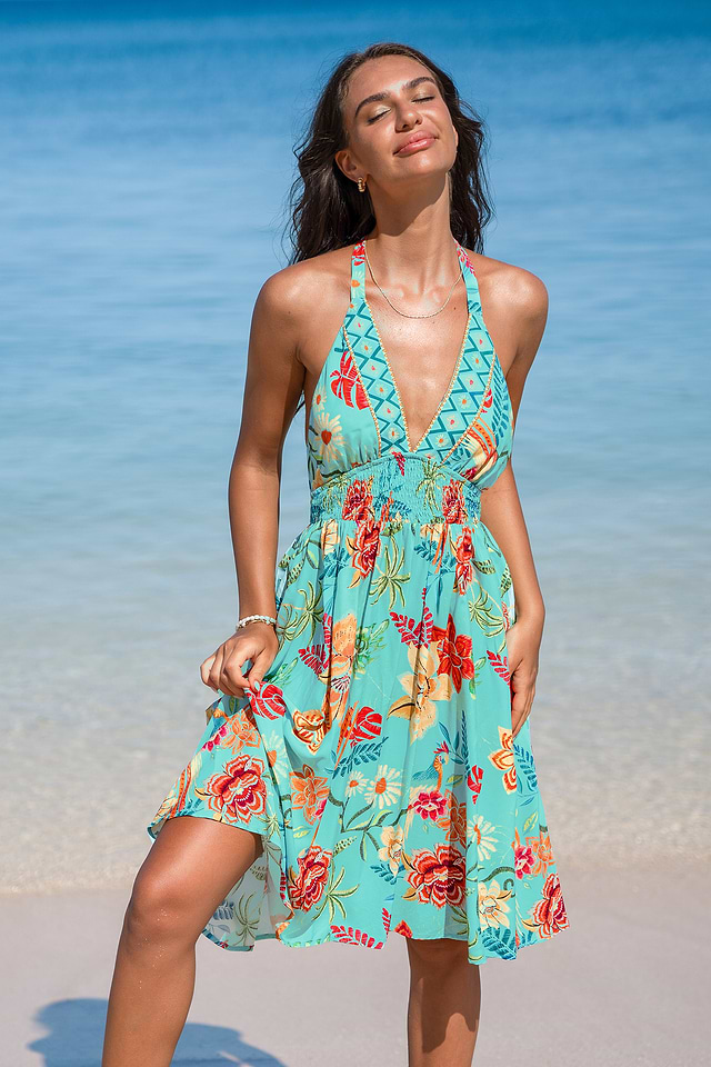 tropical floral midi dress Blue Tropical Print Linen Blend Midi Dress - All Dresses