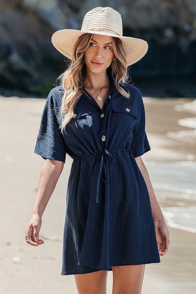 Navy Collared Short Sleeve Front Button Mini Dress