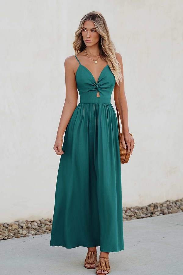 chinese dress ladies Women's Maxi Dress with V-Neck Twist Front and Tie Back – Serenmae main image 0