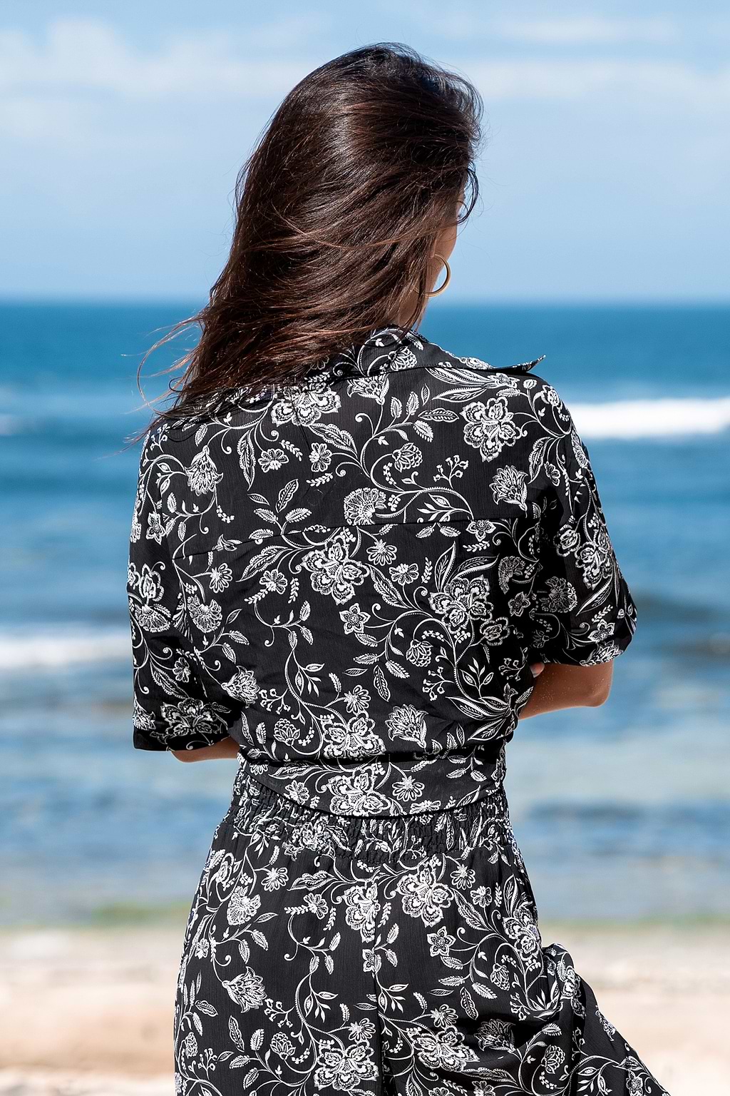 Black Floral Collared Shell Stitch Cover-Up