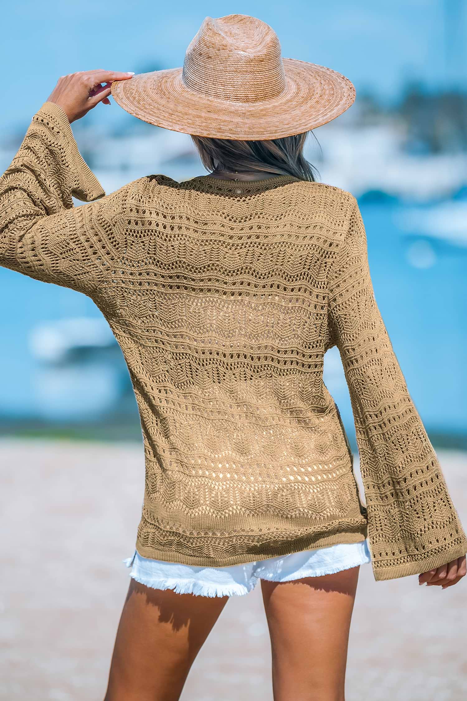 【CUPSHE】X JoJo ノースリーブ ニット ミニカバーアップ X JoJo Open Knit Asymmetrical Drawstring Cover-Up Top