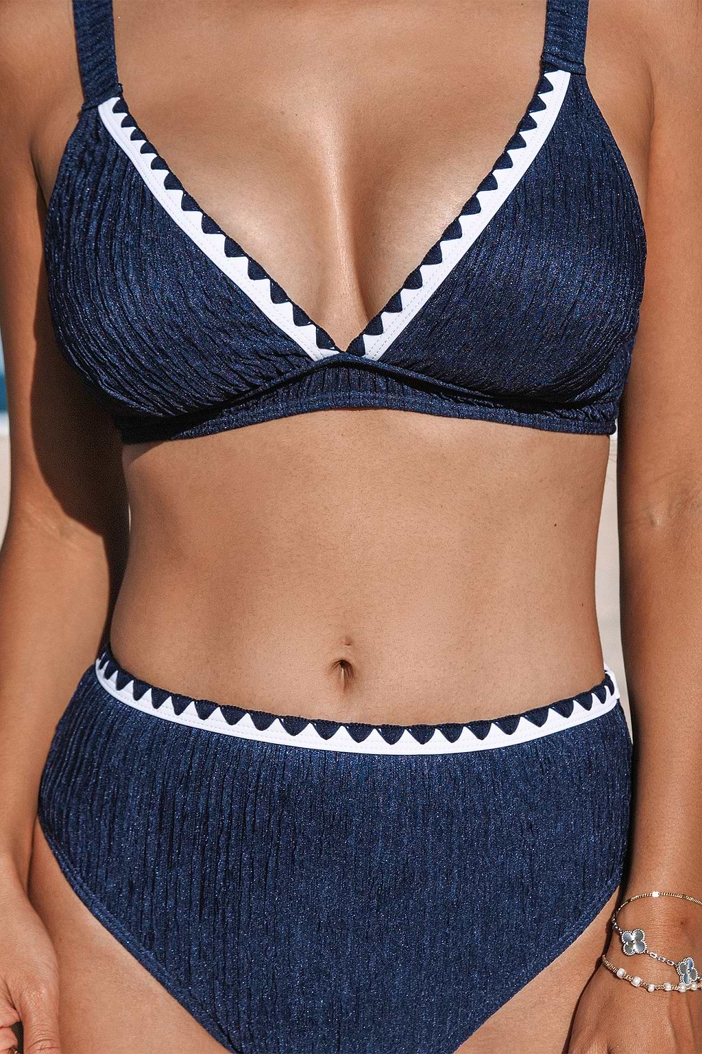 Blue Plunging Bikini Top & High-Rise Bottoms Set