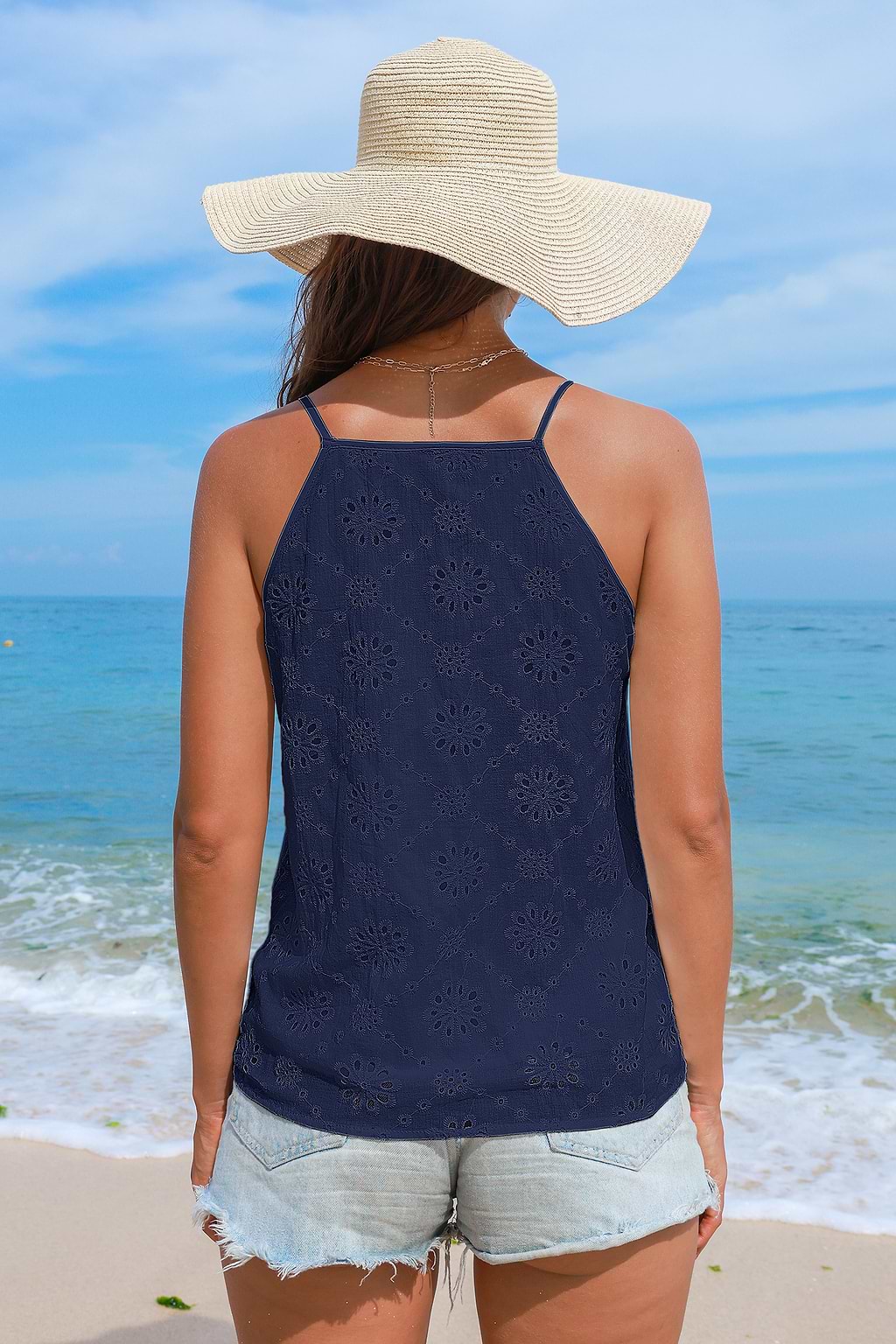 Royal Blue Decorative V-Neck Sleeveless Blouse