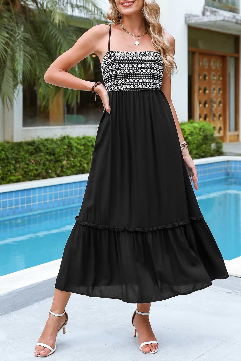 Black Embroidered Sleeveless Square Neck Midi Dress