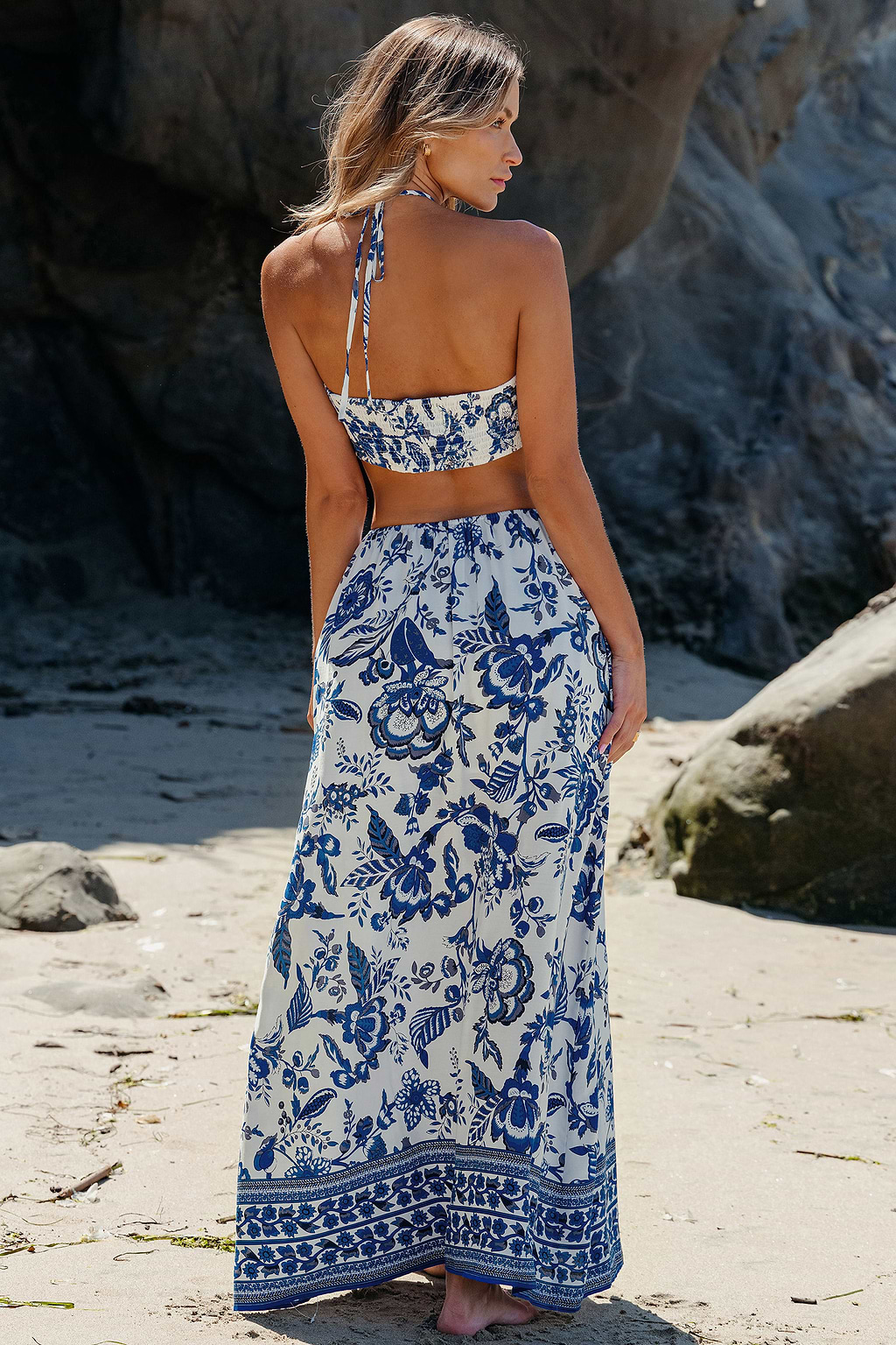 Tropical Floral Halter Cutout Maxi Dress