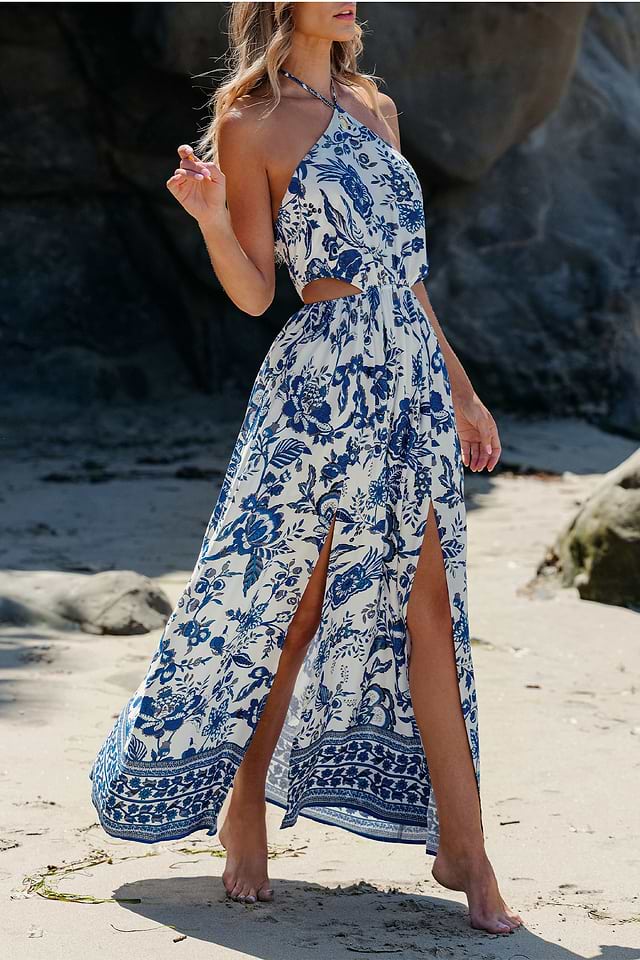 knee length dresses for ladies Soleil Printed Cutout Ruffle Maxi Dress – VICI main image 0