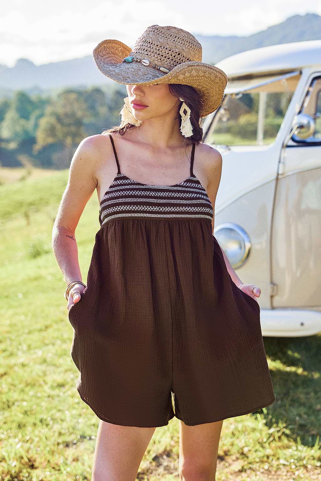 Brown Sleeveless Square Neck Flared Leg Romper