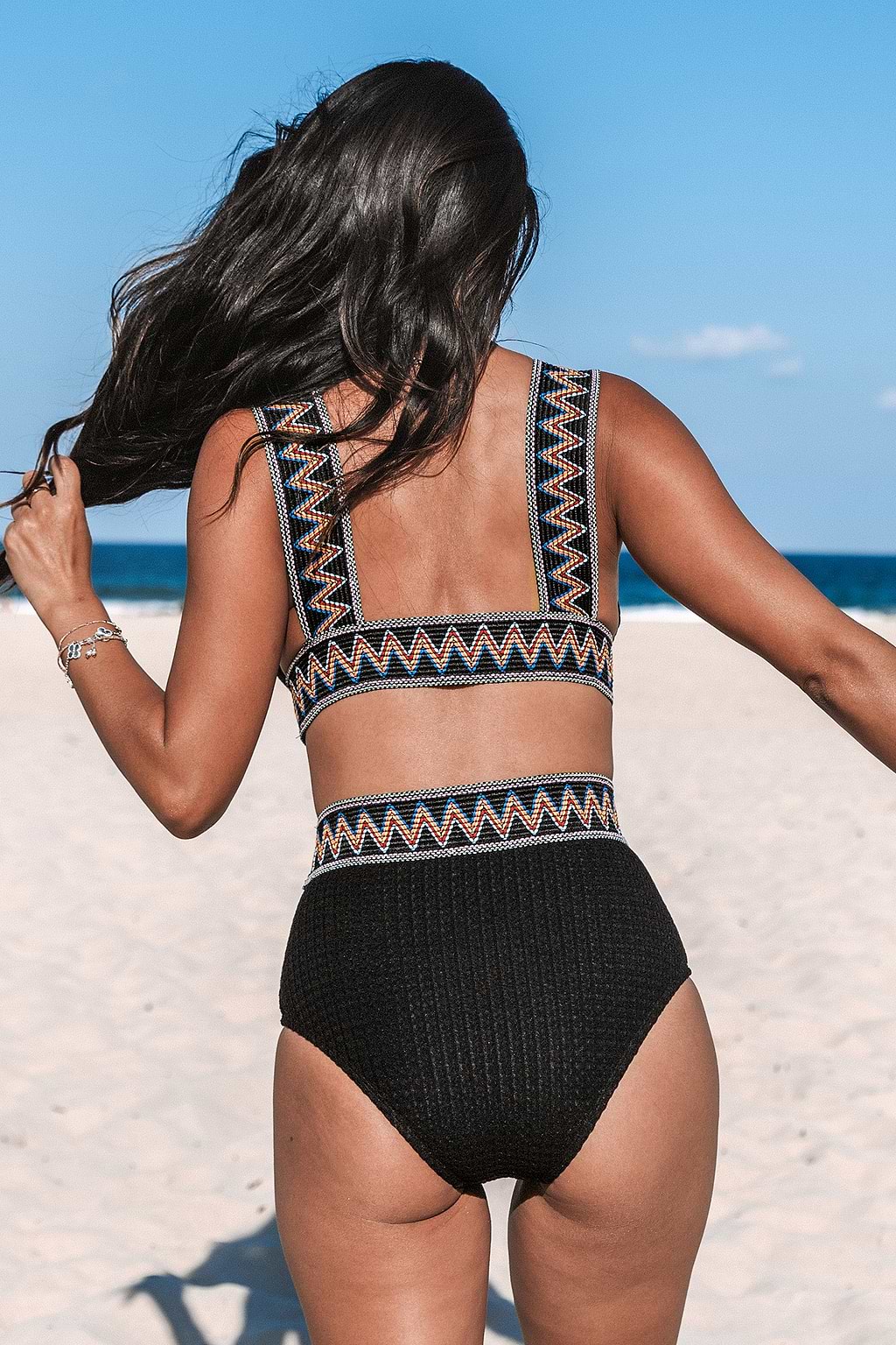 Chevron Striped V-Neck Bikini Top & High-Waisted Bottoms Set