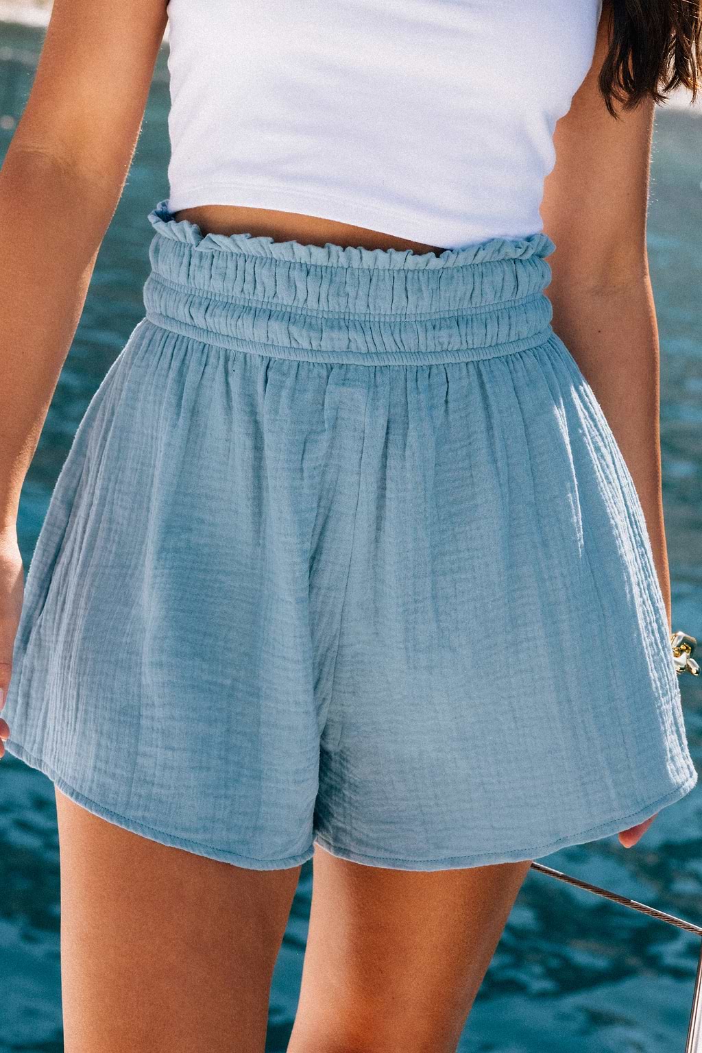 Blue Smocked Waist Flared Leg Shorts