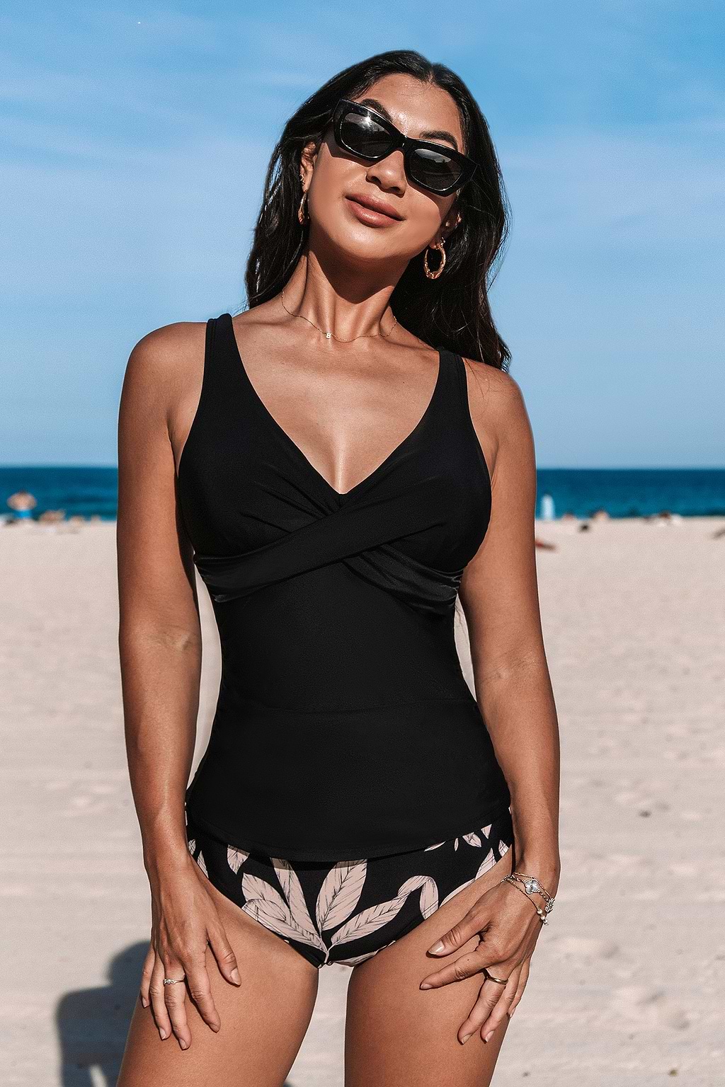 Black Wrapped Tankini Top & Tropical Mid-Rise Bottoms Set