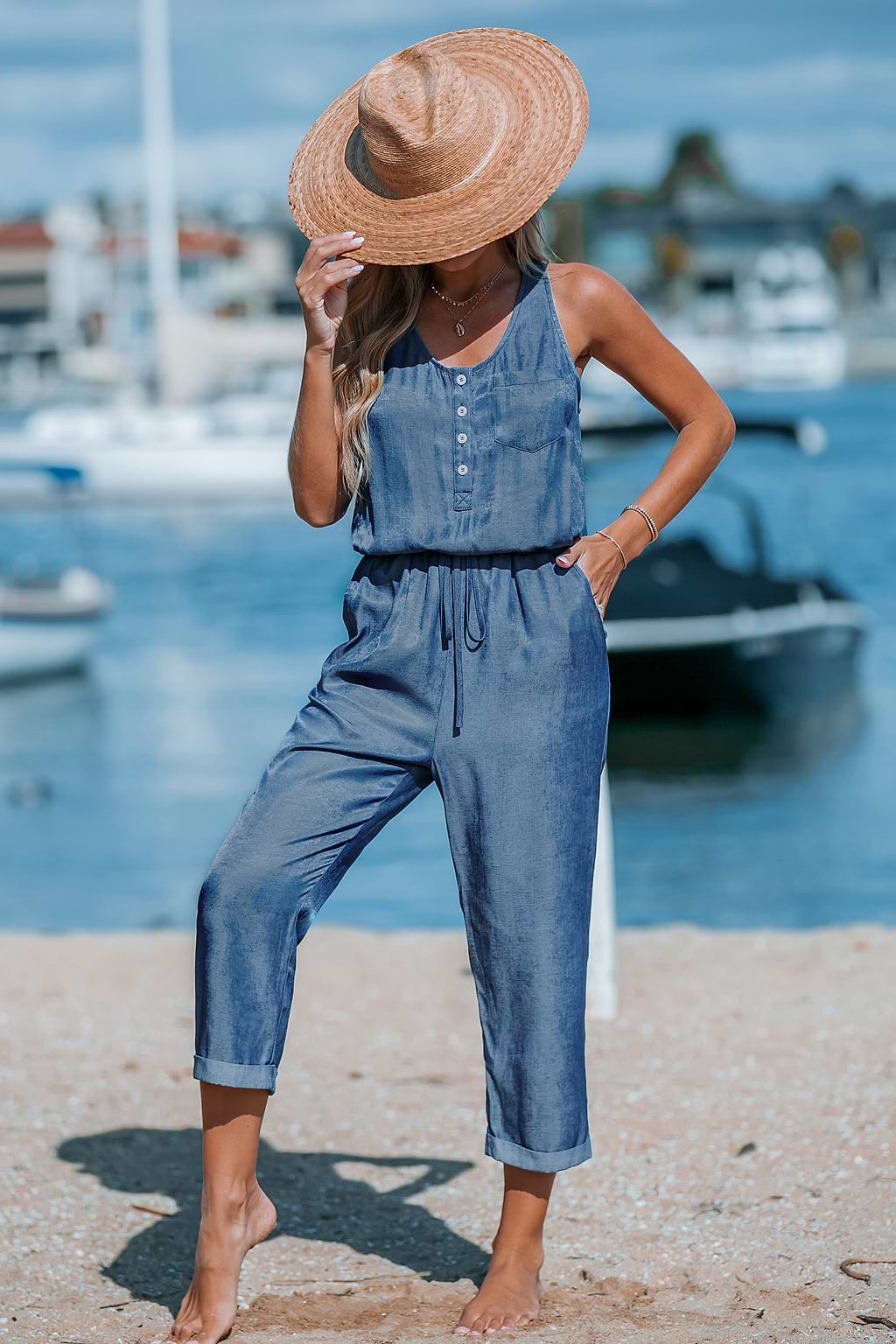 Blue Sleeveless Scoop Neck Pocket Jumpsuit