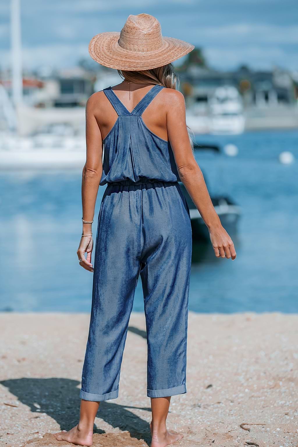 Blue Sleeveless Scoop Neck Pocket Jumpsuit