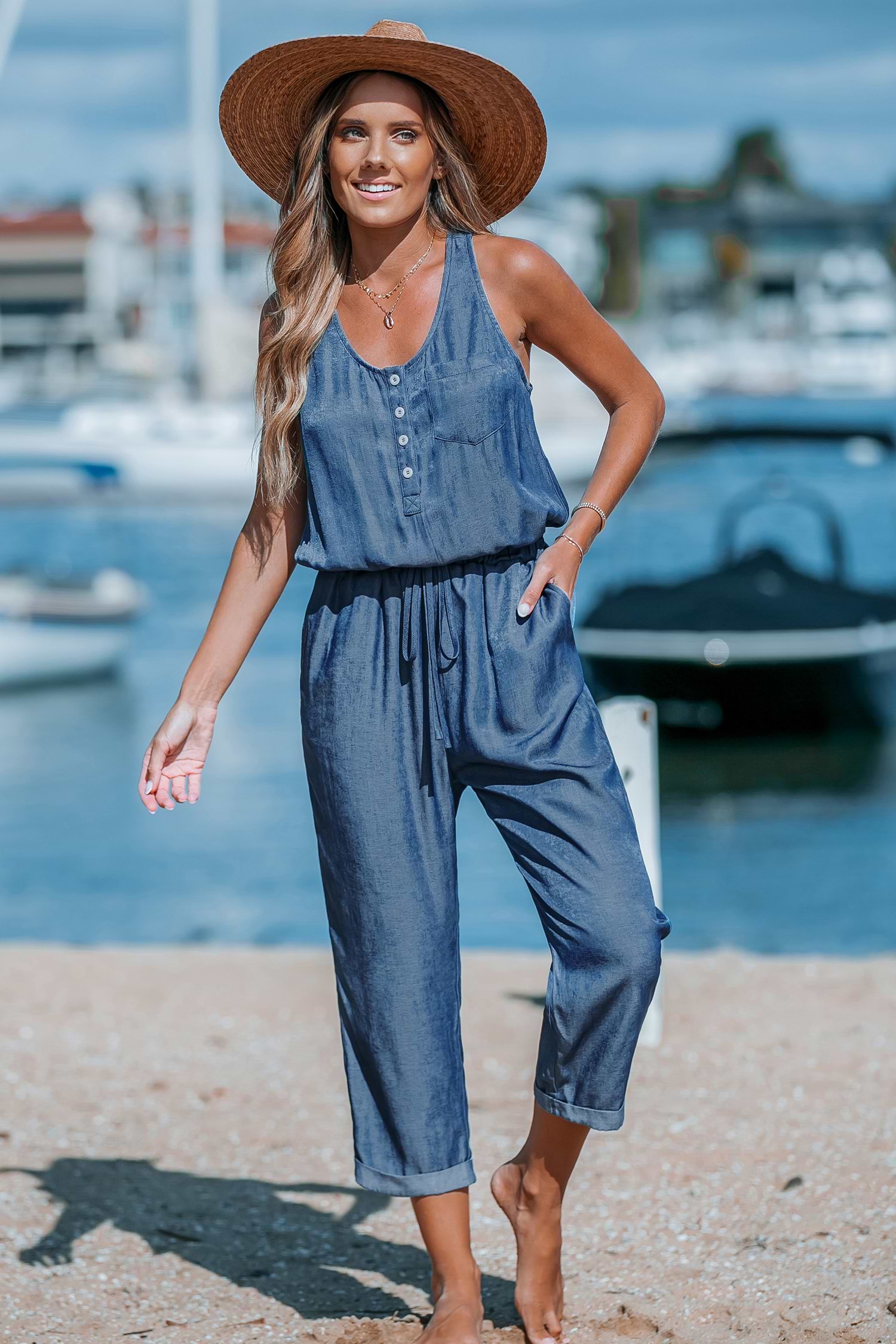 Blue Cropped Jumpsuit with Pockets and Drawstring Waist