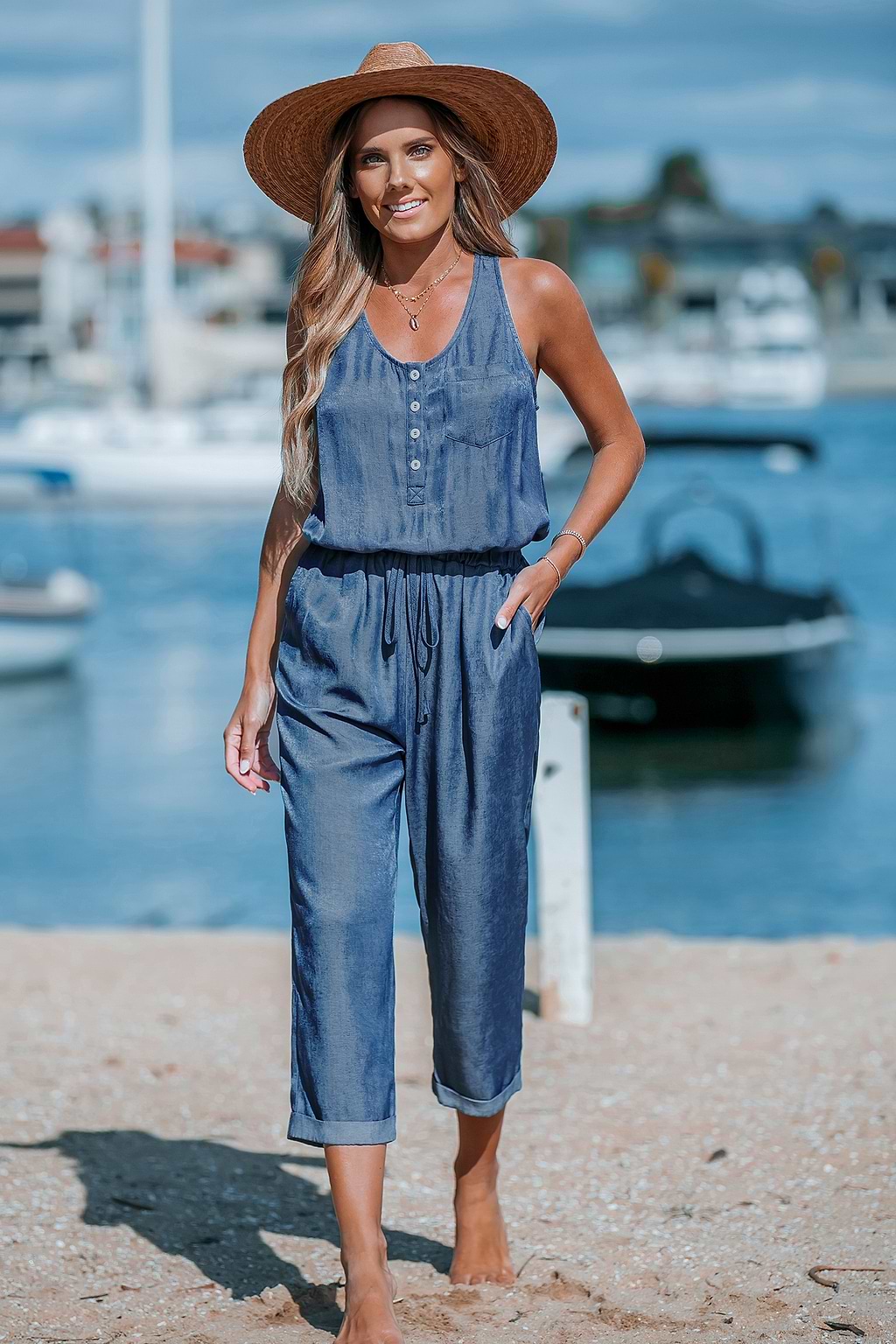 Blue Sleeveless Scoop Neck Pocket Cropped Jumpsuit