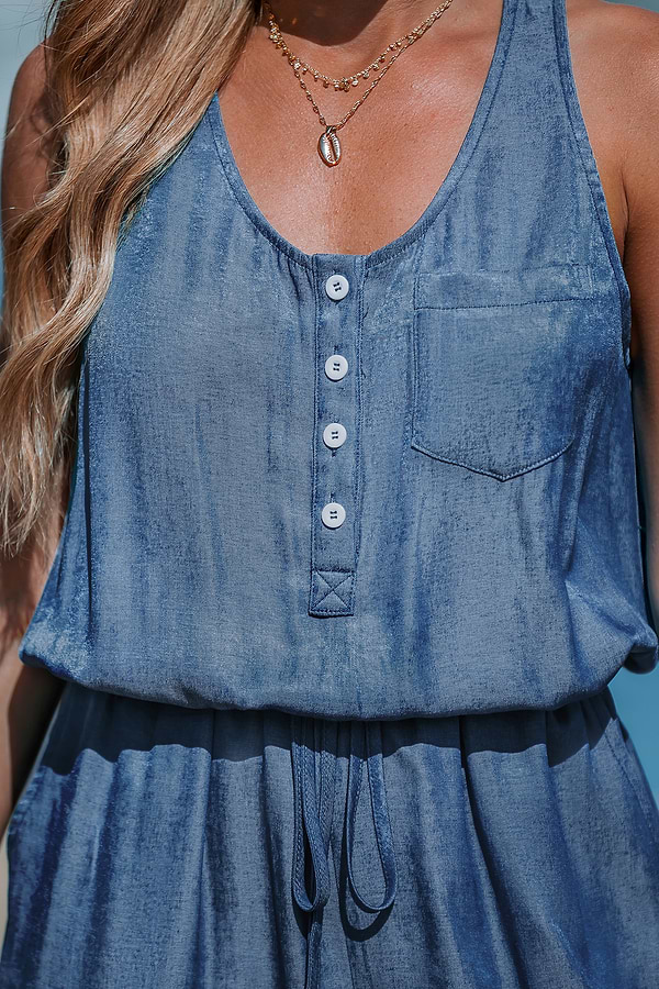 Blue Sleeveless Scoop Neck Pocket Jumpsuit