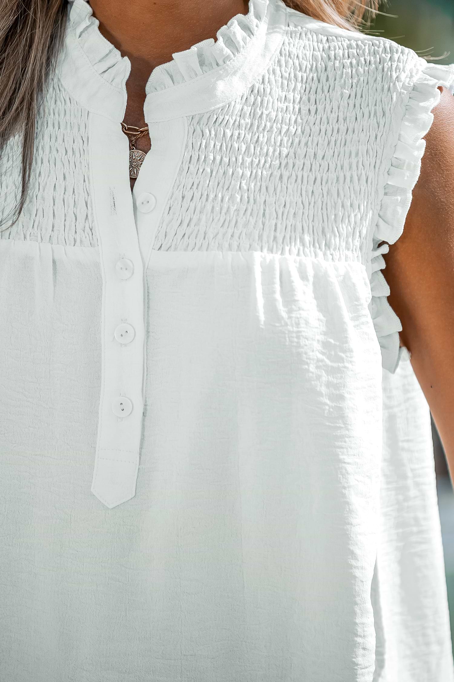 Cotton White Pleated & Smocked Sleeveless Top