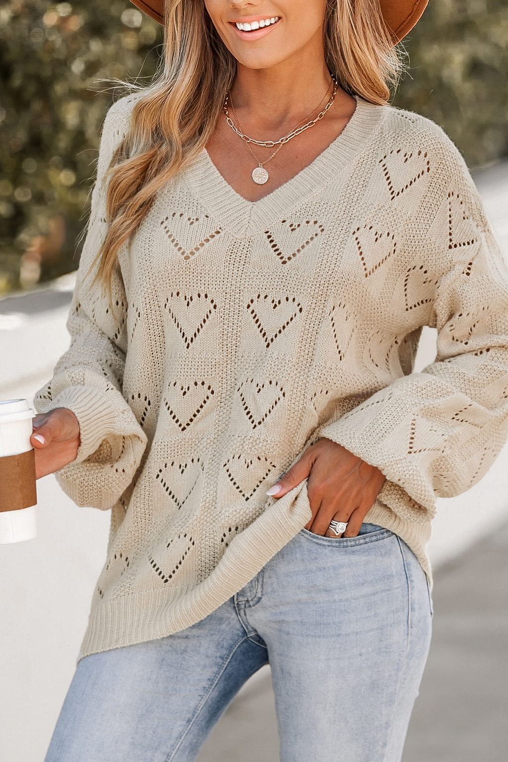 Heart Cutout V-Neck Sweater