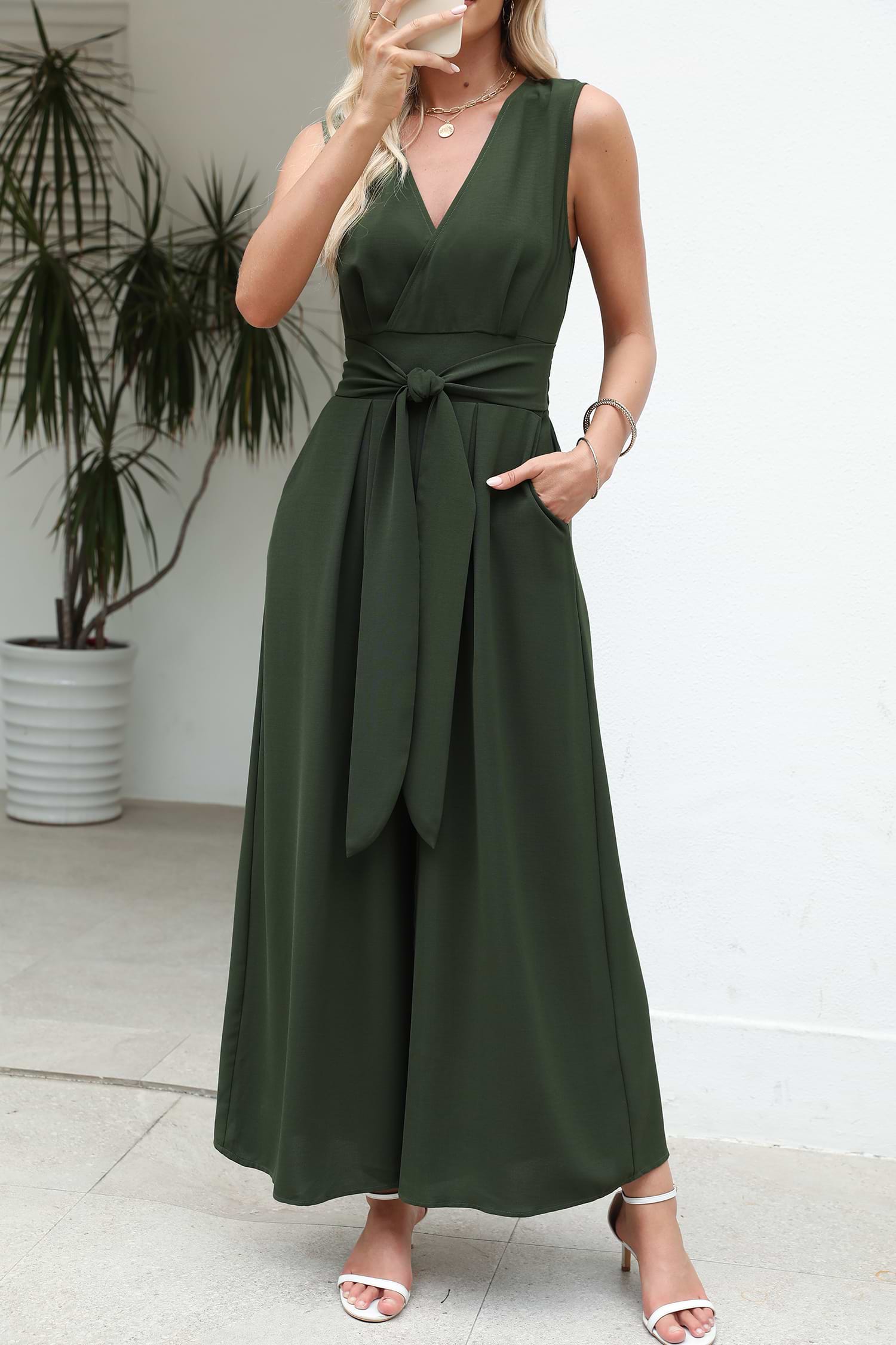 Green Surplice Wide Leg Belted Jumpsuit