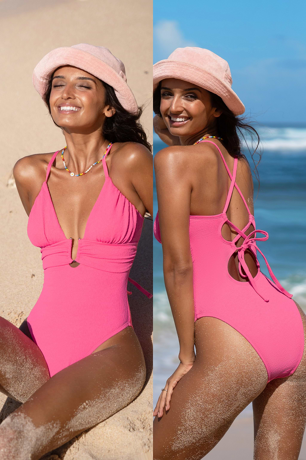 Bubblegum Pink Plunging Lace-Up One-Piece