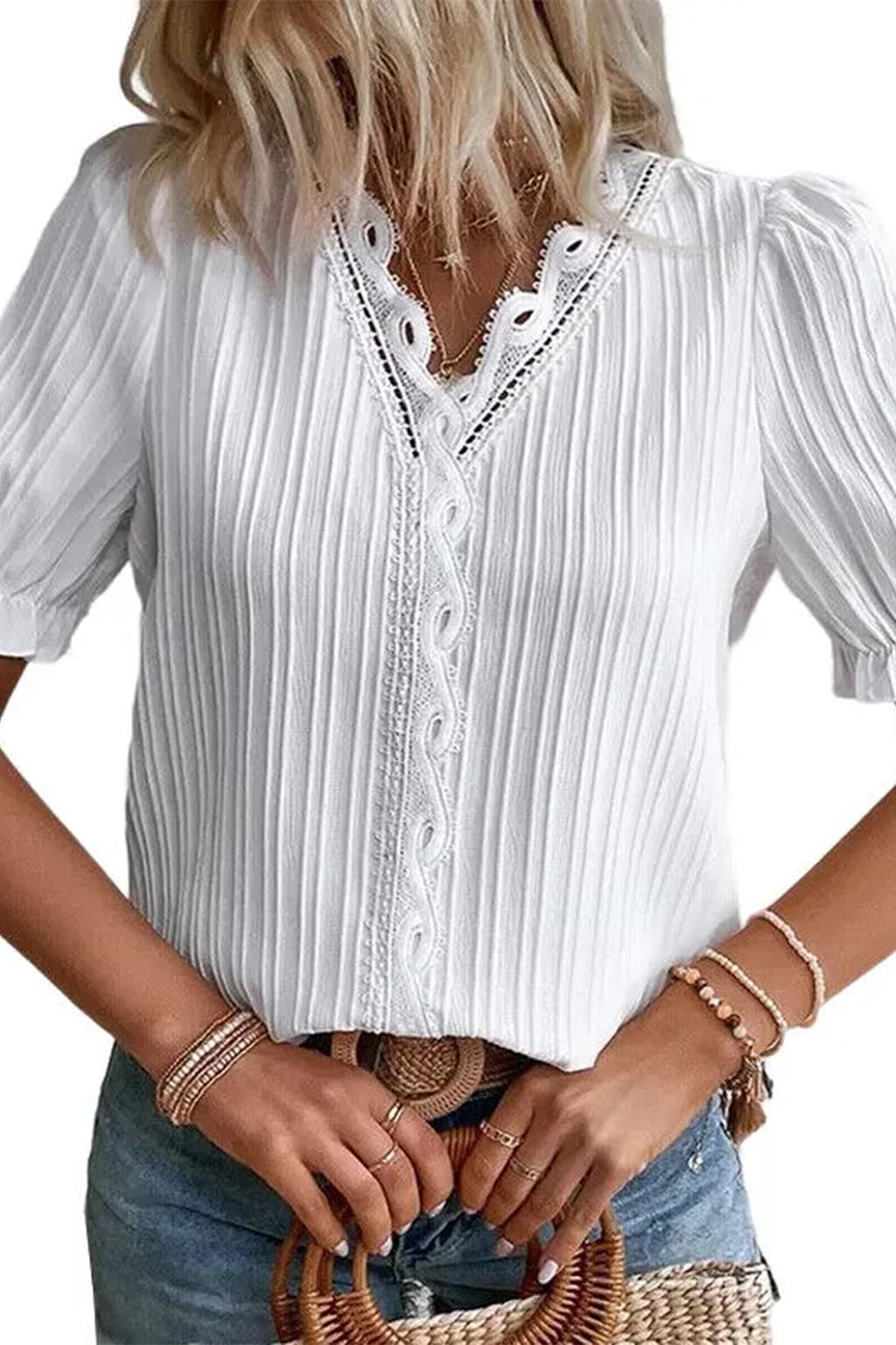 White Bubble Sleeve Lace Top