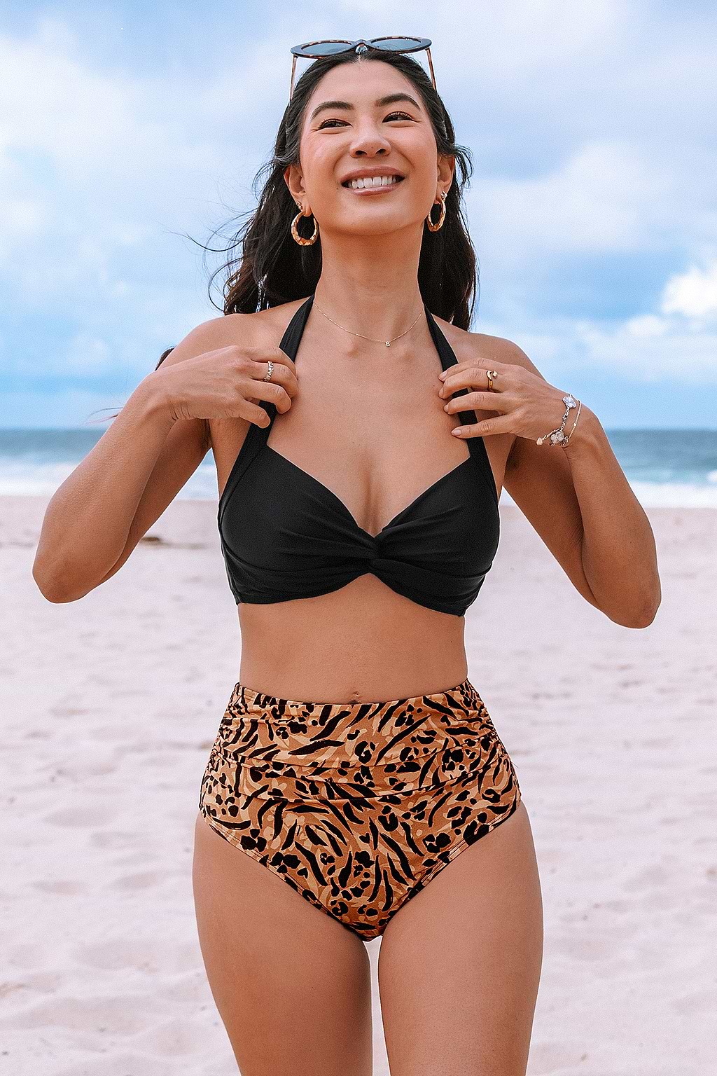 Halterneck Bikini Top & Leopard Print Bottoms Set