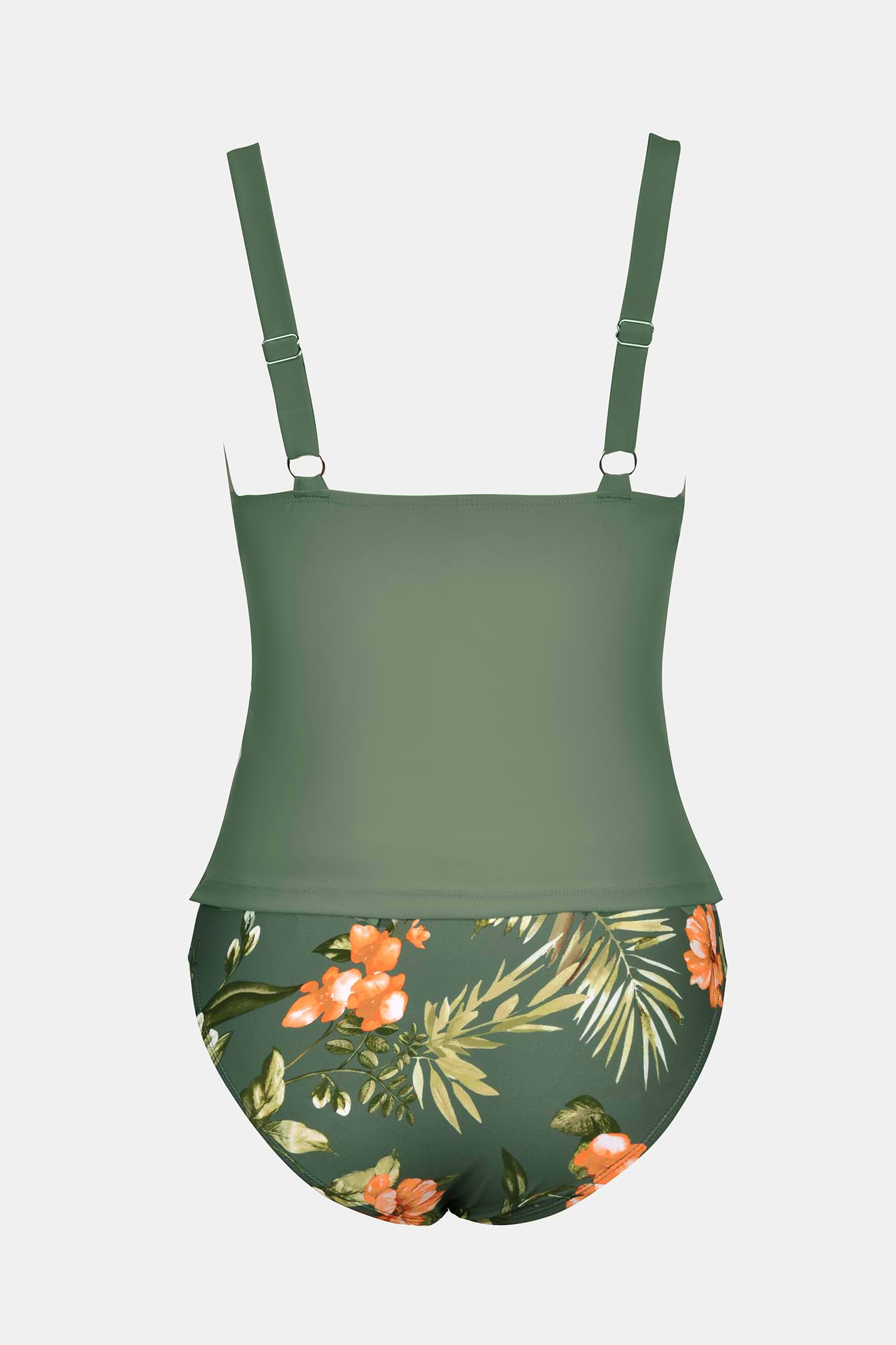 Eucalyptus Ruched Tankini Top & Tropical Mid-Rise Bottoms Set