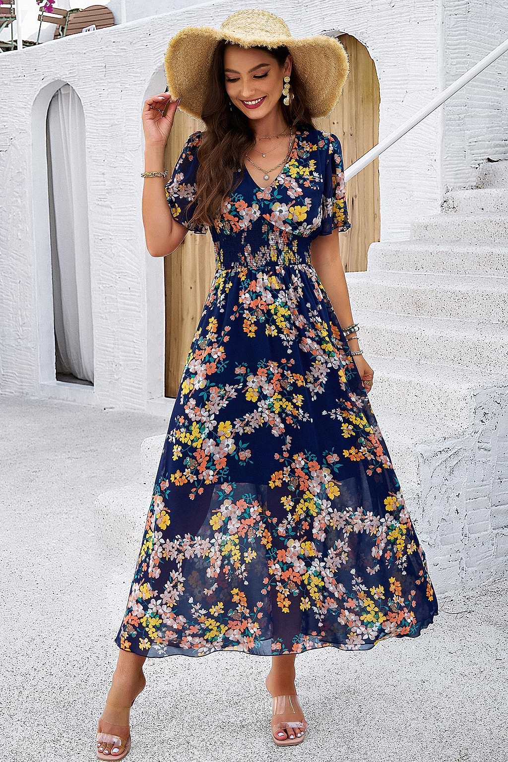 Navy Floral Print Smocked Waist Dress