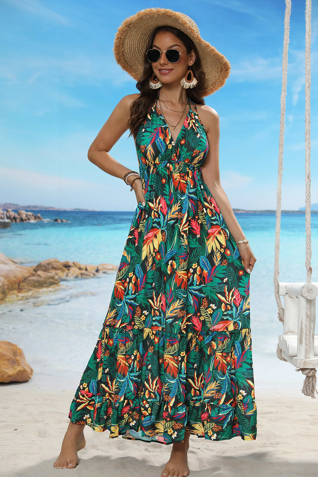 Tropical Leaf Print Halterneck Dress