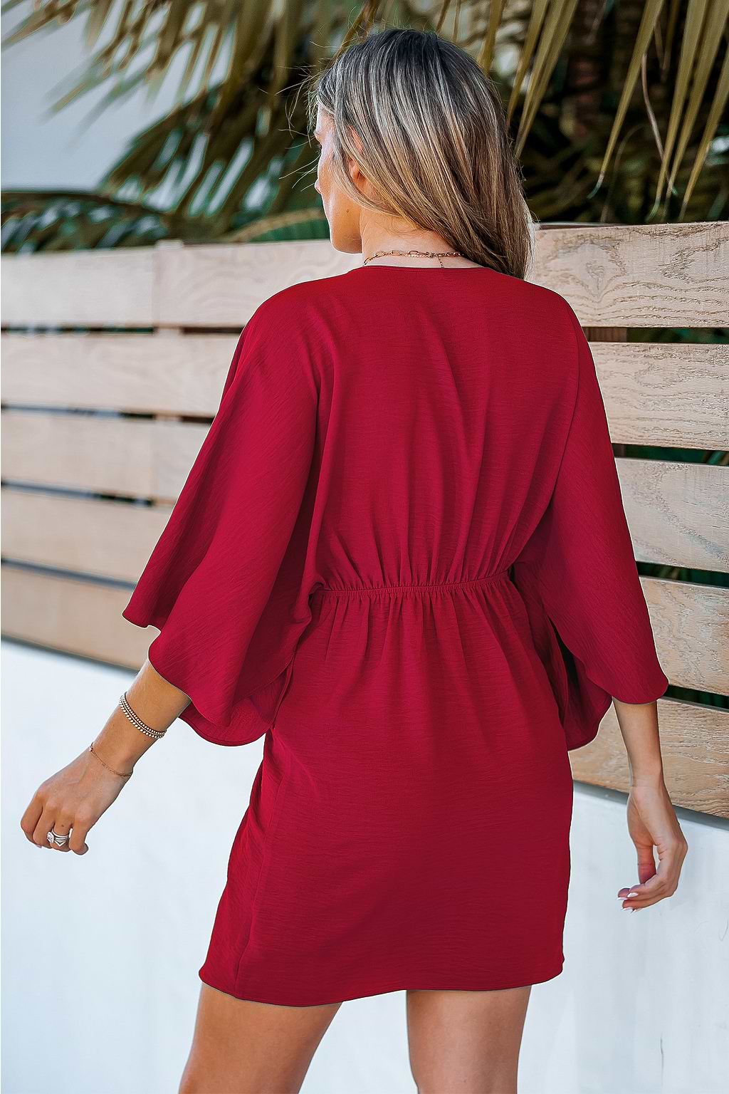 Burgundy V-Neck Kimono Sleeve Mini Dress