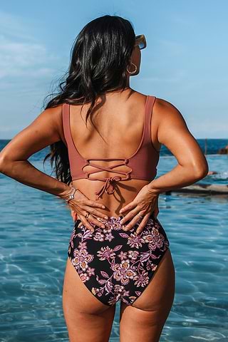 Lace Swimsuit Top Ribbed Lace-Up Back Bikini Top Floral Reversible