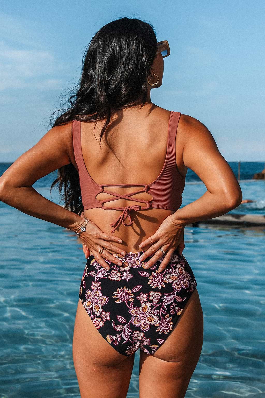 Ribbed Lace-Up Back Bikini Top & Floral Reversible Bottoms Set