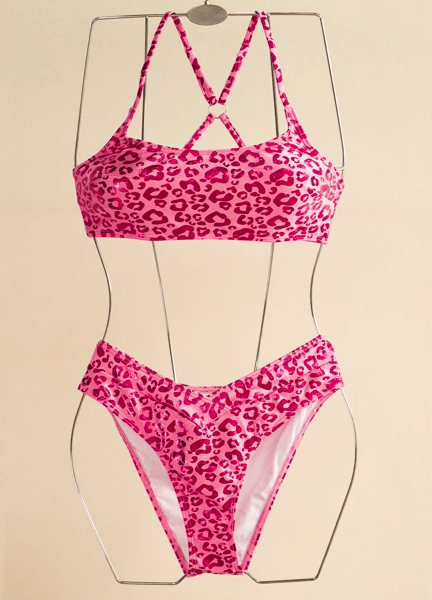 Conjunto de top de bikini con cuello cuadrado de leopardo rosa y braguitas con cintura en V