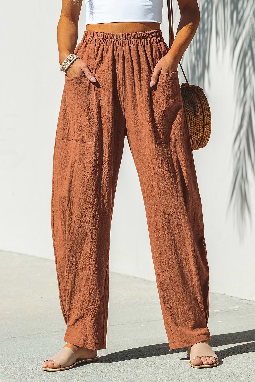 Khaki Elastic Waist Tapered Wide Leg Pants