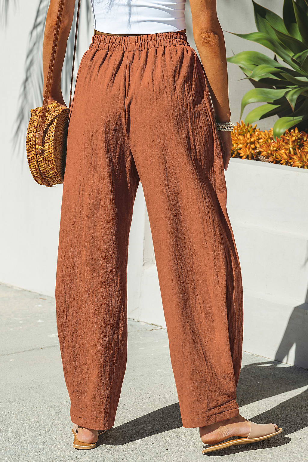 Khaki Elastic Waist Tapered Wide Leg Pants