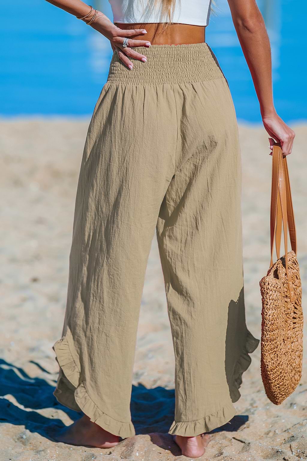 Khaki Smocked Waist Straight Leg Pants